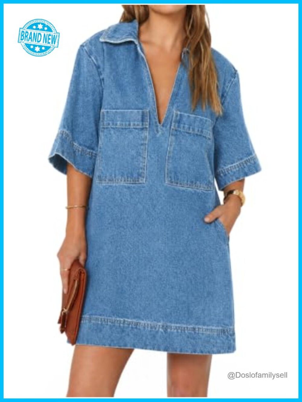 Denim Shirt Dress Collared V Neck Mini Jean Dress Short Sleeve Shift